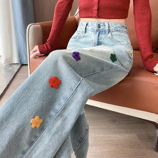 气质辣妹显瘦设计感直筒裤 加绒彩色刺绣阔腿牛仔裤 女春小个子新款