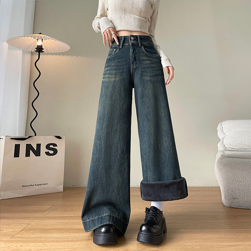 春春Spring】高腰百搭显瘦弹力拖地牛仔裤女宽松喇叭米白色阔腿裤