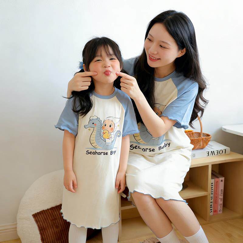 夏季薄款纯棉五岁小孩五亲子睡衣女孩儿童星星母女三周岁女童睡裙