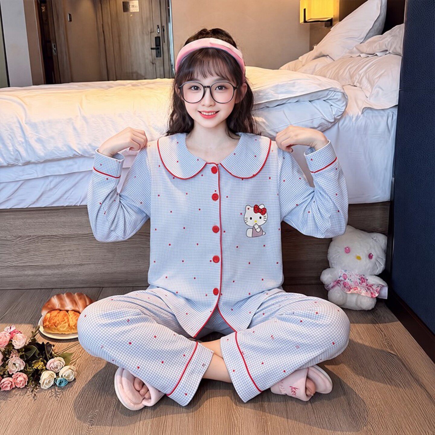 儿童睡衣女孩春秋季长袖云朵棉可爱图案冬天空调服韩版六年级十一