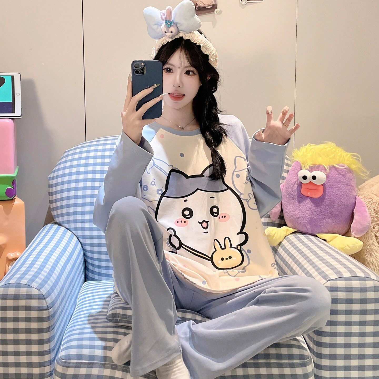女童睡衣女孩纯棉长袖春秋季十五岁蓝小八图案冬天空调服五岁儿童