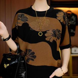 针织衫 2025夏季 减龄拼色烫钻短袖 时尚 女百搭宽松显瘦圆领上衣 新款