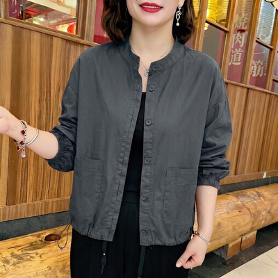 双兜圆领外穿纯色外套中年妈妈装2026早秋新款减龄夹克百搭上衣女