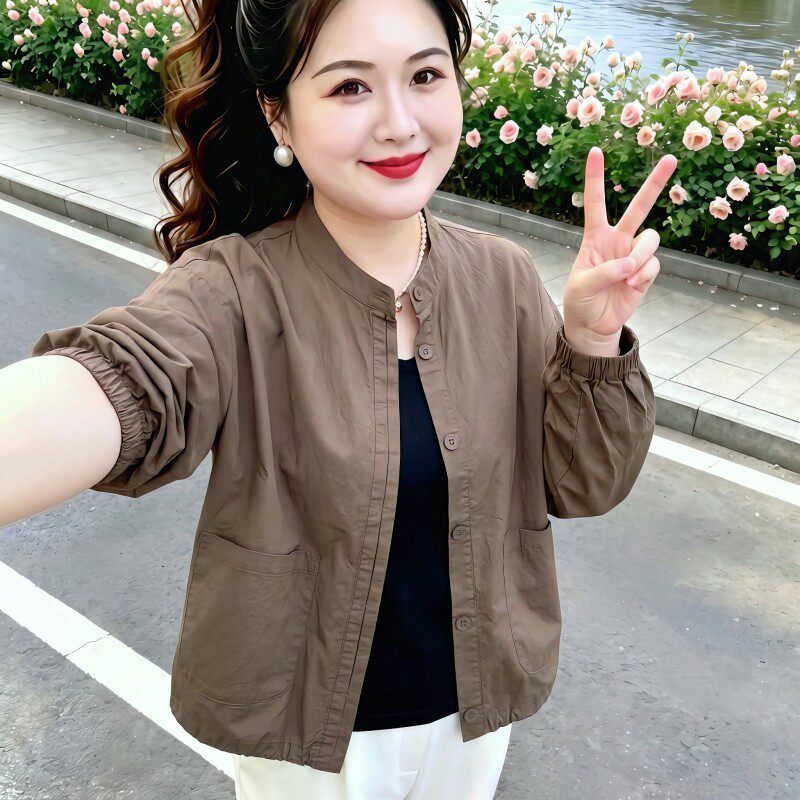 时尚纯色细斜纹短外套女2026秋季洋气设计感抽绳大码遮肚显瘦衬衫