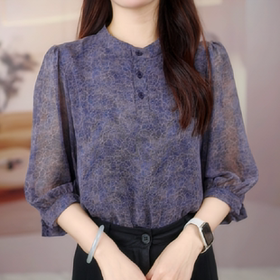 新款 宽松显瘦碎花妈妈装 时尚 雪纺衫 上衣遮肉女 减龄七分袖 2025夏季