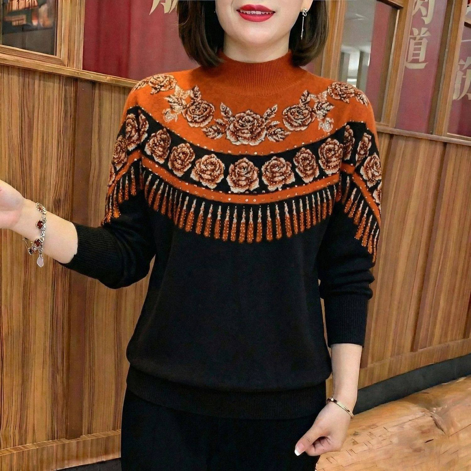民族风2025秋冬款中年大码妈妈针织衫设计感提花烫钻百搭女士毛衣,女装/女士精品,毛衣,淘宝优惠券,粉丝福利购,淘宝优惠卷