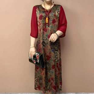 高级气质七分袖花色连衣裙夏季新款2026宽松大码中年妈妈裙子显瘦