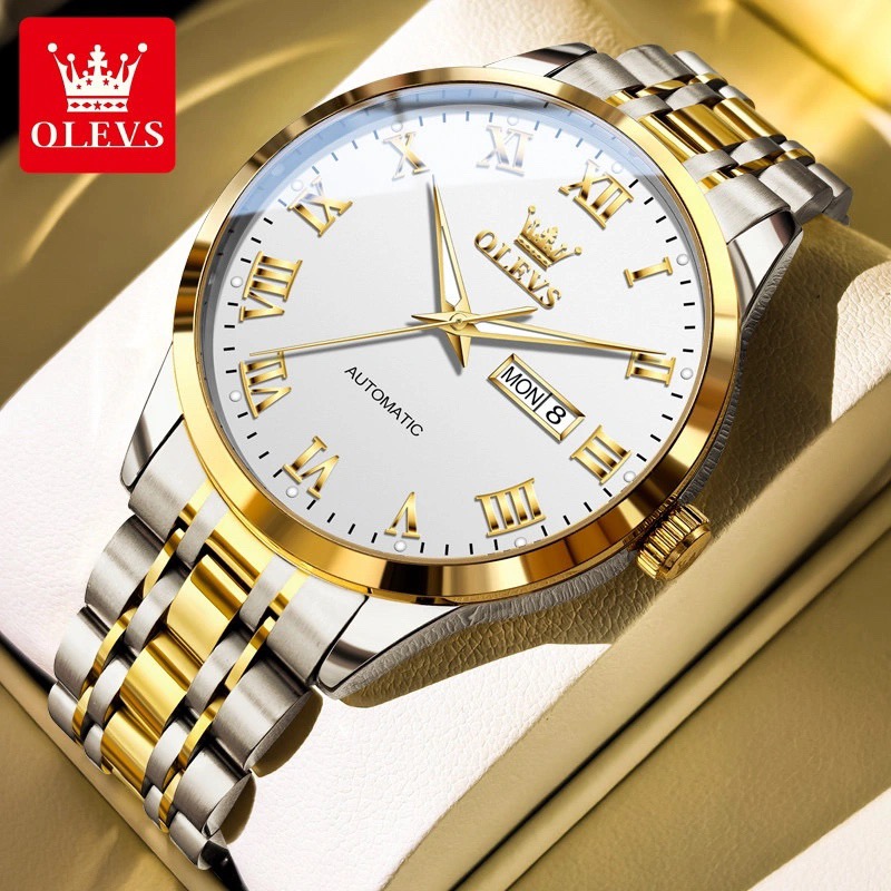 欧利时品牌时尚男士手表简约罗马数字双日历全自动钢带防水机械表