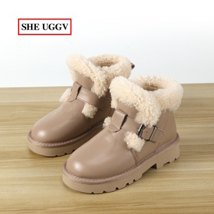 厚底皮面棉鞋女毛毛鞋2025新款冬季加绒保暖雪地靴一脚蹬短靴子