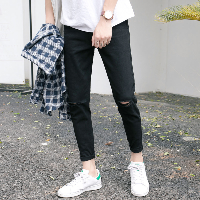 一字膝盖破洞牛仔裤男九分潮韩版修身小脚显瘦加绒长裤子网红同款