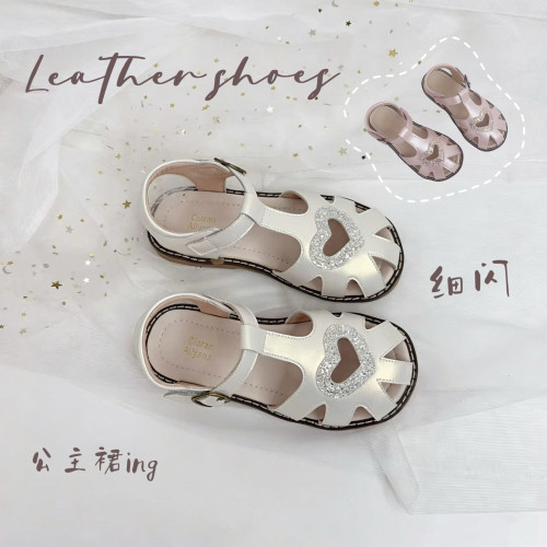 女童白色公主鞋真皮凉鞋包头软底