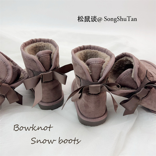 原单女童雪地靴蝴蝶结公主靴冬季棉靴防雪水中筒短靴子轻便软底