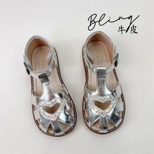 真牛皮女童凉鞋银色闪钻公主鞋夏季镂空浅口单鞋演出时装礼服裙鞋