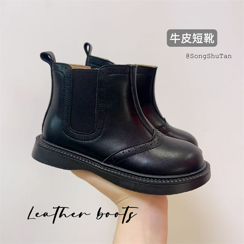 儿童短靴男女童黑色真皮切尔西靴图片