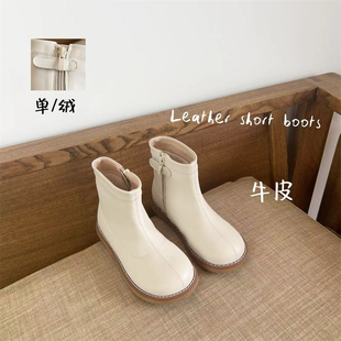 真牛皮女童靴子儿童皮靴白色加绒切尔西短靴秋冬季时装马丁靴软底