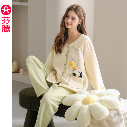 芬腾睡衣女秋冬季空气棉夹层纯棉长袖套装女款可爱休闲加厚家居服