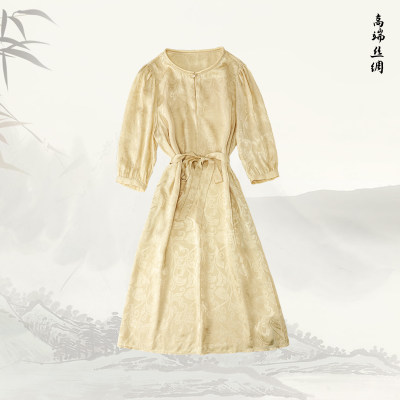 品牌新款纯色真丝提花通勤圆领七分袖气质连衣裙51626