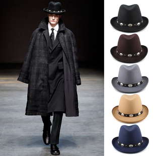 稍大头围春秋冬男女英伦汉堡帽翘檐毛呢礼帽欧美复古洪堡爵士帽