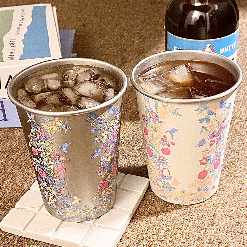 花果印花冷饮杯遇冷变色创意不锈钢咖啡杯家用便携冰饮杯子变色杯