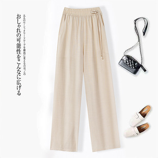 松紧腰宽松垂感显瘦休闲裤 薄款 女夏季 通勤风棉麻阔腿裤
