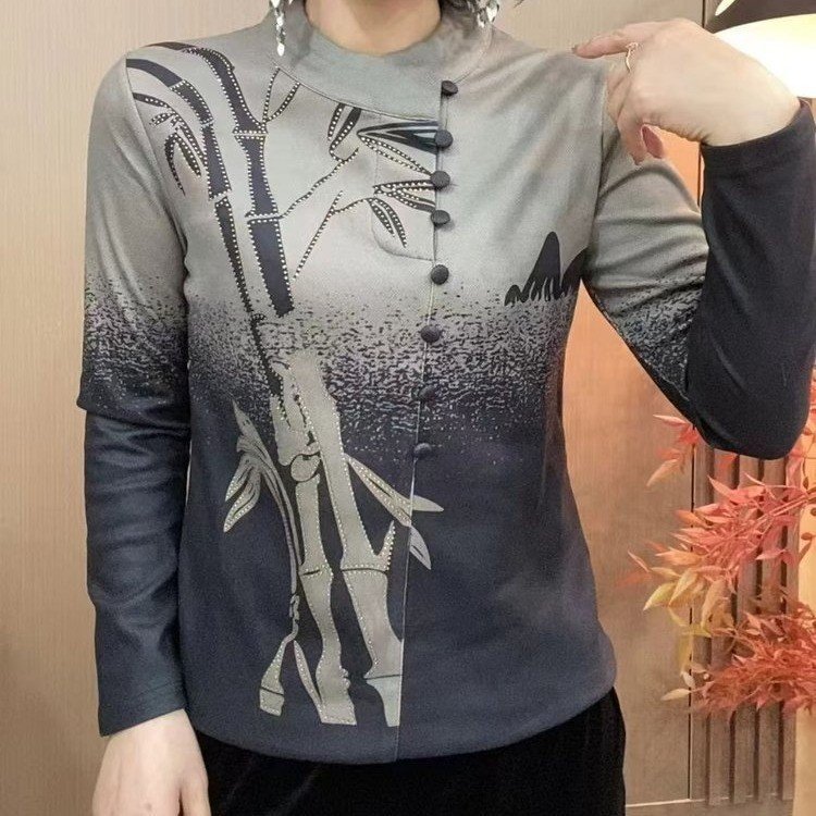 直播爆款洋气印花打底衫2025秋冬新款t恤妈妈显瘦上衣女