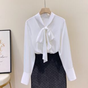 大码女装宽松丝巾蝴蝶结领长袖衬衫女OL风雪纺软缎休闲上衣1026-B