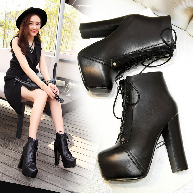 真皮粗跟高跟短靴33码40码41防水台女靴厚底系带马丁靴牛皮及踝靴在类目 女鞋, 靴子, 马丁靴中 - 来自Buy2taobao.com提供专业的淘宝代购服务