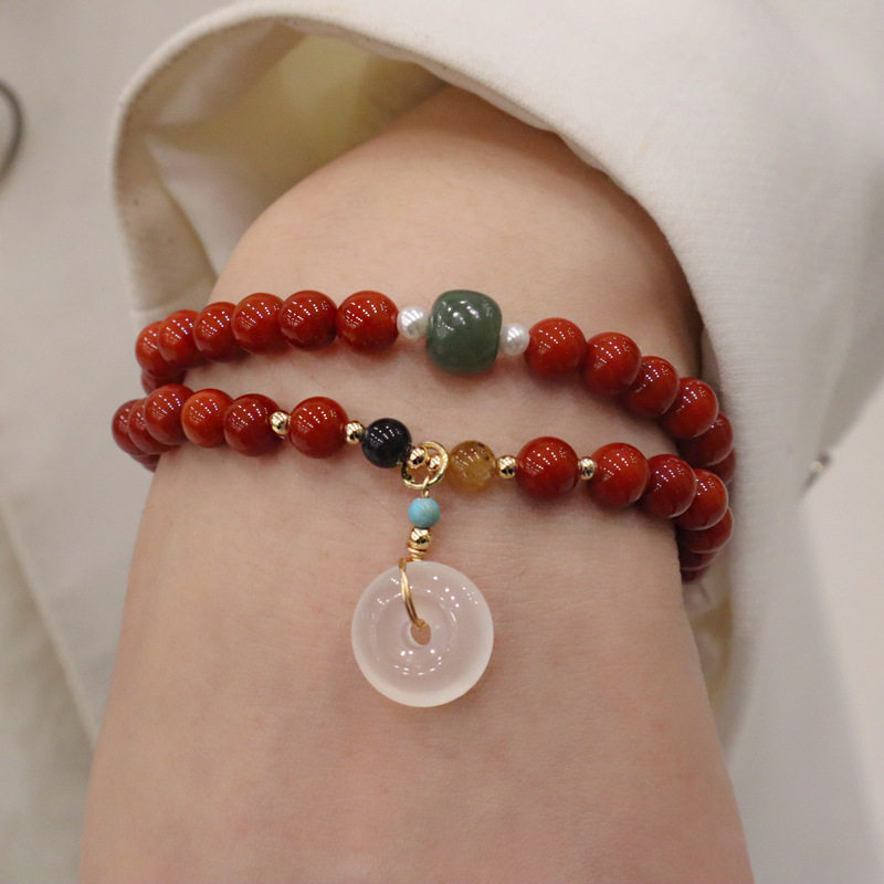 天然南红玛瑙两圈手链玉髓平安扣吊坠手串小众设计感网红手工手镯