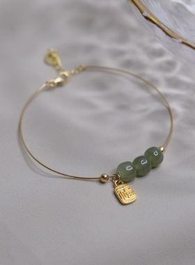 hzyeyuan手作三颗和田玉福牌手环清新日韩国风手镯手链手饰112152