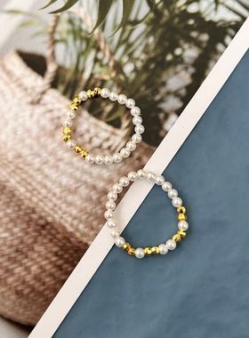 极细叠戴超闪蹦迪珠珍珠食指戒指环尾戒强光铜镀18K金秀气温柔