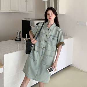 港味复古牛仔连衣裙女2025夏季新款韩系减龄小个子设计感工装裙子图片