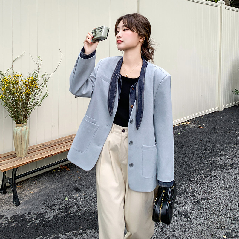 早春穿搭牛仔拼接西装外套女2025新款可盐可甜小众别致休闲小西服,女装西装,2C196