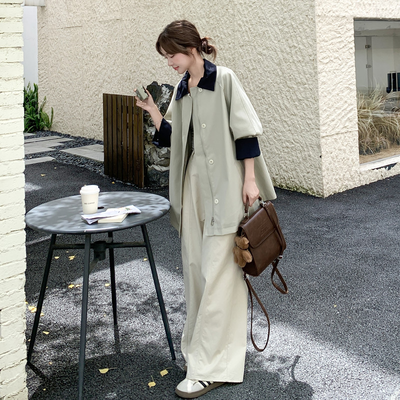 卡其绿翻领风衣外套女2025秋季新款韩系小个子超好看休闲百搭大衣,女装风衣,2C196