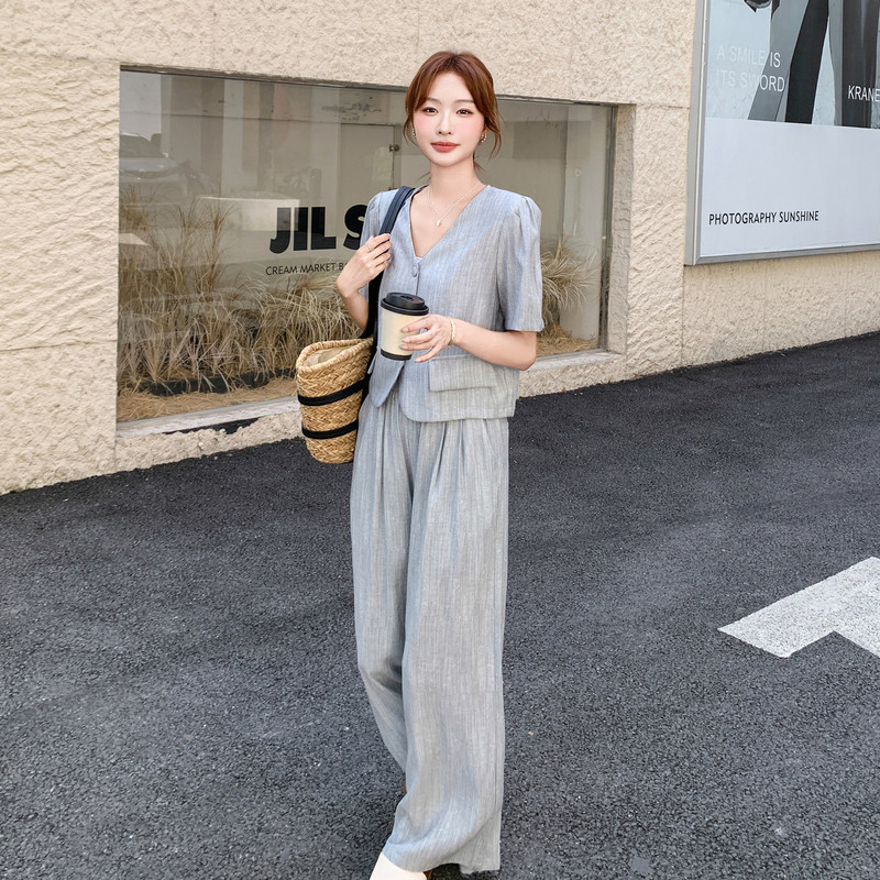 灰色短袖西装阔腿裤套装女夏2025新款大方得体两件套高级感气质,女装套装/套裙,2C196