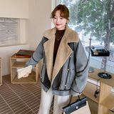 设计感PU皮拼接牛仔派克服女冬季加绒加厚皮毛一体机车羊羔毛外套，女装派克服，2C196