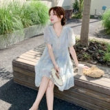 蓝色刺绣印花小清新a字裙新款小个子森系甜美减龄显瘦连衣裙女夏，女装连衣裙，2C196