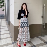 慵懒风时尚套装裙夏季2025新款日系印花宽松T恤蕾丝半身裙两件套，女装套装/套裙，2C196