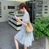 蓝色刺绣印花小清新a字裙新款小个子森系甜美减龄显瘦连衣裙女夏，女装连衣裙，2C196