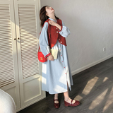 红色小香风马甲配衬衫连衣裙套装女开春2025新款千金感长裙两件套，女装套装/套裙，2C196
