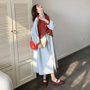 红色小香风马甲配衬衫连衣裙套装女开春2025新款千金感长裙两件套图片