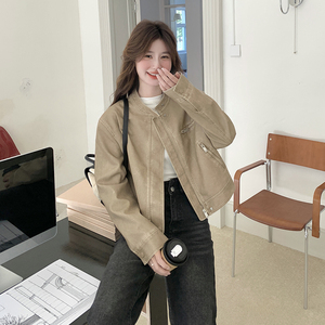 美式复古卡其色皮衣外套女春秋2025新款超火高级感机车服工装夹克图片