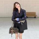 藏青色休闲西装外套女2025年秋季新款设计感气质时尚格纹拼接西服，女装西装，2C196
