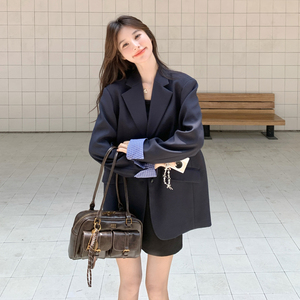 藏青色休闲西装外套女2025年秋季新款设计感气质时尚格纹拼接西服图片