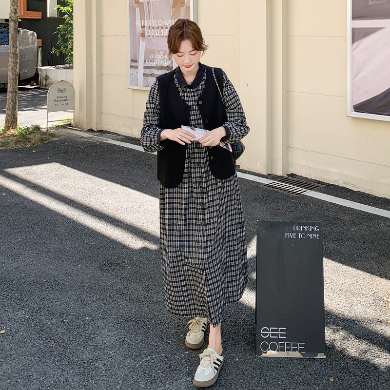 日系慵懒风格子连衣裙套装女2025秋新款复古宽松马甲衬衫裙两件套,女装套装/套裙,2C196