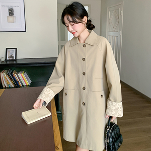 卡其色休闲风衣外套女中长款2025春季新款韩版宽松显瘦英伦风大衣图片