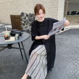 慵懒风黑色中长款开叉T恤阔腿裙裤套装女2025夏新款高级感两件套，女装套装/套裙，2C196