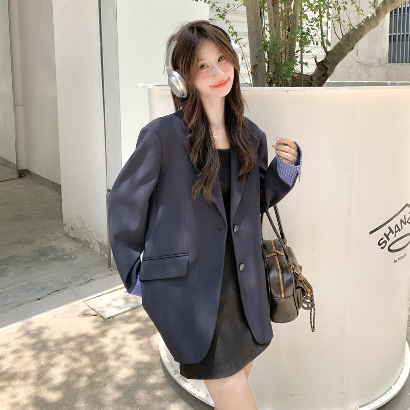 藏青色休闲西装外套女2025年秋季新款设计感气质时尚格纹拼接西服,女装西装,2C196