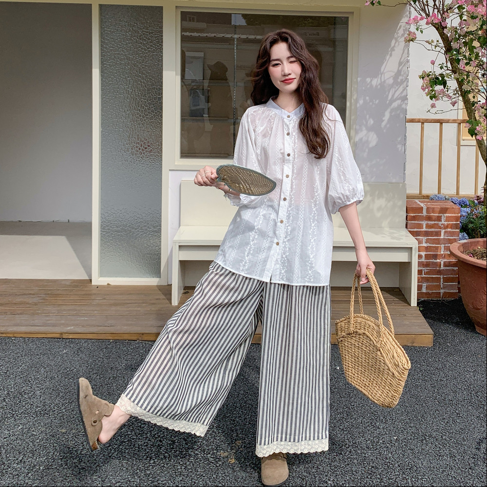 休闲衬衣条纹阔腿裤套装女夏2025新款两件套高级感爆款松弛感穿搭,女装套装/套裙,2C196