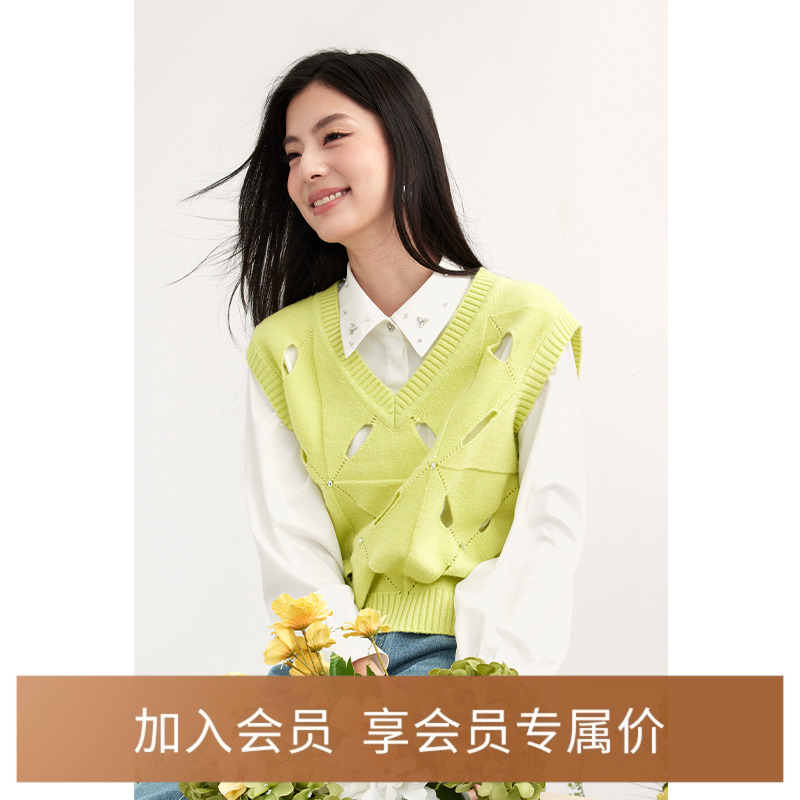 【商场同款】诗凡黎短款镂空羊毛针织衫2024春新款背心3F2130221