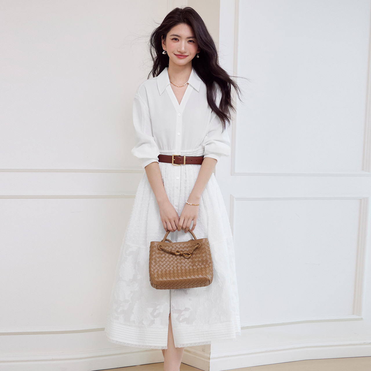 伊芙丽莫代尔法式蕾丝边气质高腰设计衬衫裙2025春季新款时尚裙子